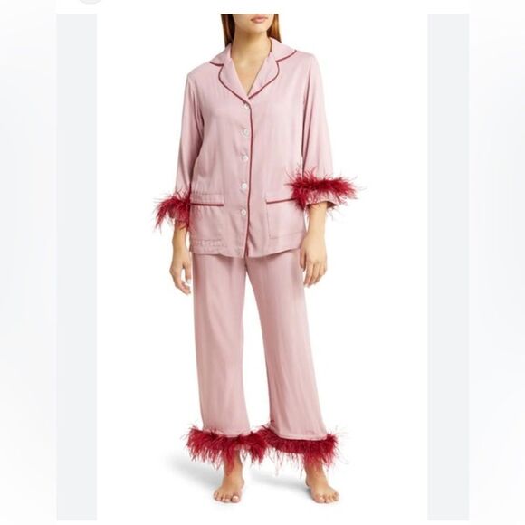 Sleeper Pink/Red Pajama Double  Ostrich Feather Pants & Button Up NWT $395.00 - Picture 6 of 12